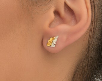 Two tone, fern leaves stud earrings for women By Mother Nature Jewelry. Fern Symbolizes Confidence, reverie and wellness.