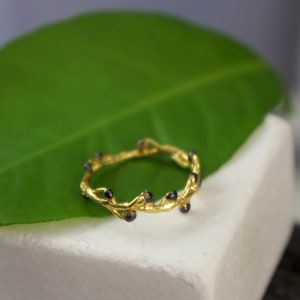 Minimalist Handmade Nature Jewelry. ring Sterling silver Branch ring with buds. Mimosa pudica twig band ring. Gold and Black Rhodium.