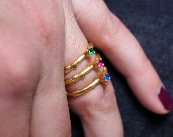 Solid Gold Promise twig Ring for Women,Gold branch Band Ring from Olive tree with multi color Zircon stone, Adjustable or fix size