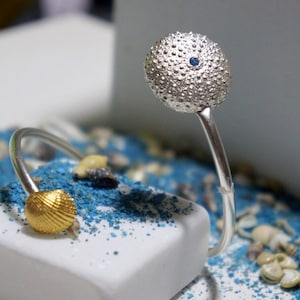 Sea Urchin and Shell Cuff Bracelet. Sterling Silver Bangle with Ethical Zircon Stone