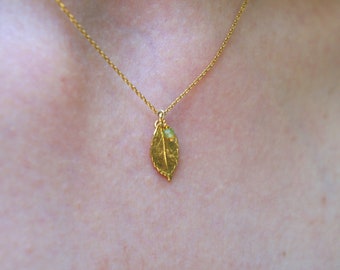 Tiny necklace Jewelry. Gold plated Rose leaf Necklace on sterling recycled silver.