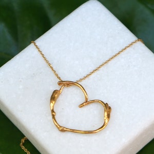 Pressed flower, Real Jasmine plant Twig Heart Necklace on Gold plated sterling silver