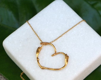 Pressed flower, Real Jasmine plant Twig Heart Necklace on Gold plated sterling silver