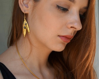Olive leaf Earrings Gold on Sterling Silver with two Black Rhodium Olive fruits. Nature Lover Earrings from Mother Nature jewelry