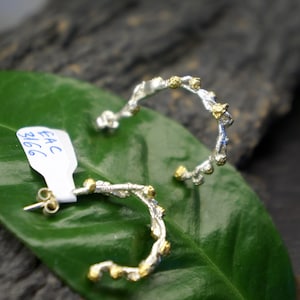 Gold Plated Acacia Branch Sterling Silver Hoop Earrings