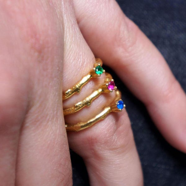 Gold Branch Ring with Zircon, Handmade Minimalist Jewelry, Dainty Stack Band, Gift for Health and Longevity, Sterling Silver 925