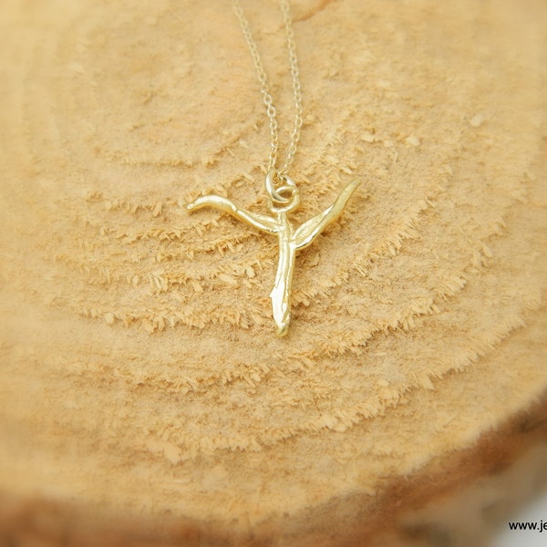 Solid Gold Cross pendant necklace. ANGEL. 9k-14k-18k real gold alternative cross angel from acacia plant leaves and twig.