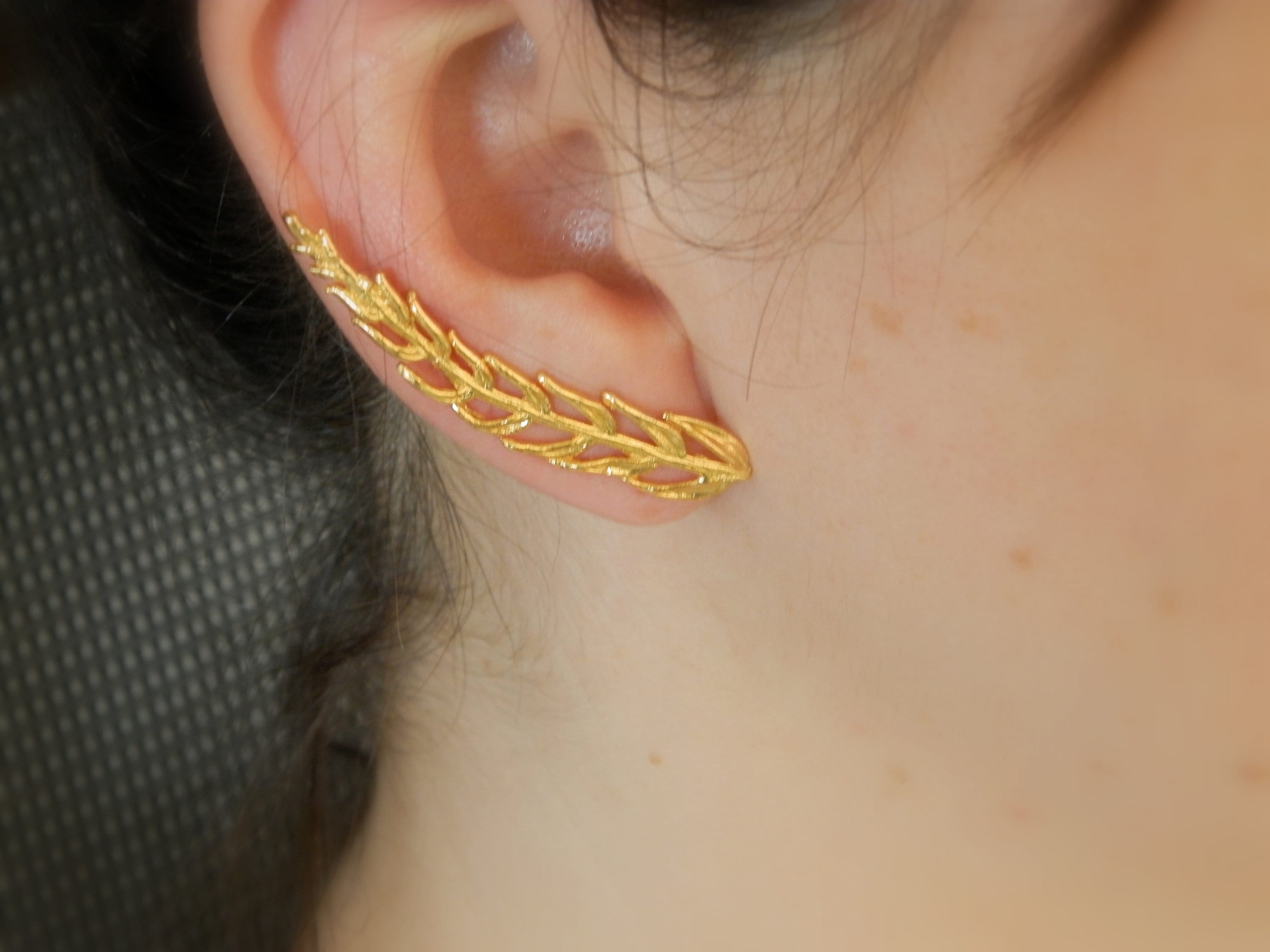 Mismatch Silver ear climber earrings arocaria Leaf earrings in sterling silver or Gold plated.