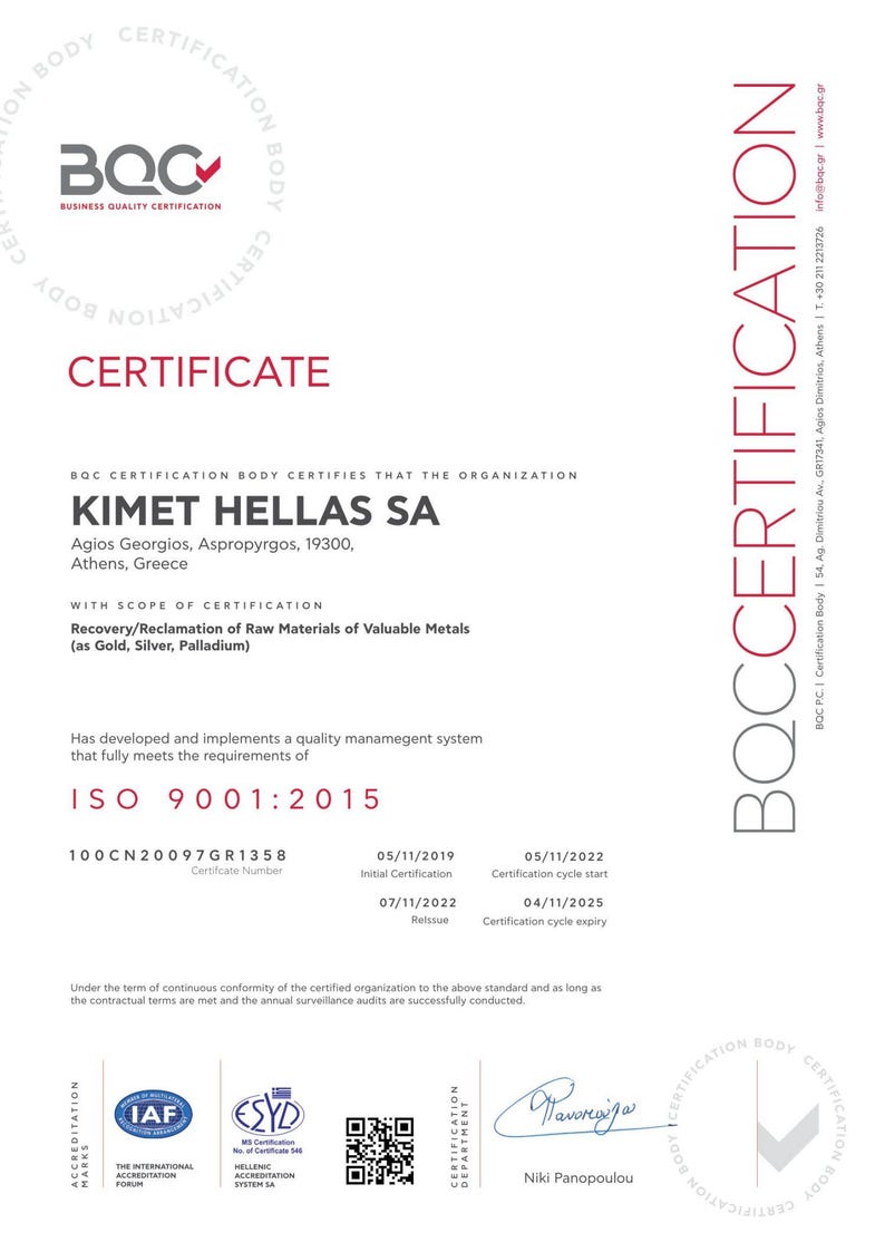 BOC certificate body certification that the organization KIMET HELLAS SA has developed and implements a quality management system that fully meets the requirements of ISO 9001:2015