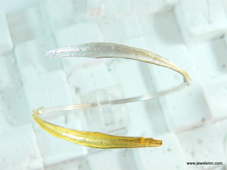 \u039flive is a symbol of peace,protection and fertility Two Real olive leaves gold /& sterling silver 925 \u039fpen cuff bracelet by Mother Nature