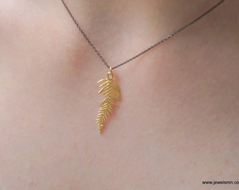 Solid Gold Leaf Pendant Chain Necklace for Women. Mimosa pudica Real gold Leaf in 9k-14K-18k. Pure gold leaf pendant with Gold chain.