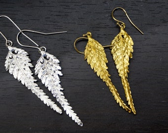 Long Leaf Earrings in Sterling Silver. Fern Symbolizes Confidence, reverie and wellness.