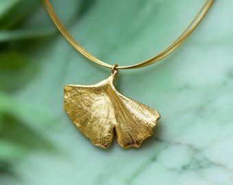 Real Ginkgo Biloba Leaf Necklace, 14K Gold Plated Sterling Silver 925 Pendant, Handmade Statement Boho Jewelry Gift, Birthday Gift for Women