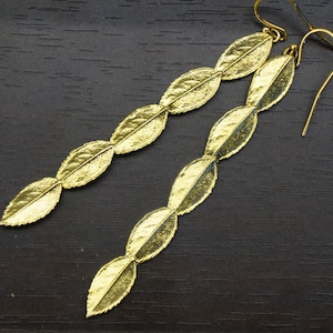 Long REAL Rose Leaf Earrings for women. 14k Gold on sterling silver.
