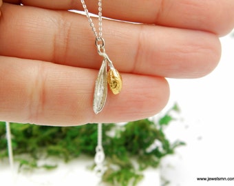 Natural beauty Minimalist pendant, Sterling Silver Olive leaf and 14K Gold plated plated Olive fruit Necklace by Mother Nature Jewelry