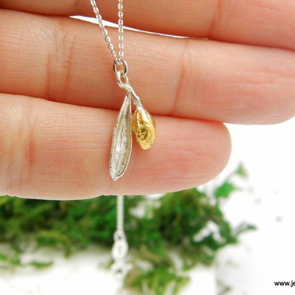 Natural beauty Minimalist pendant, Sterling Silver Olive leaf and 14K Gold plated plated Olive fruit Necklace by Mother Nature Jewelry