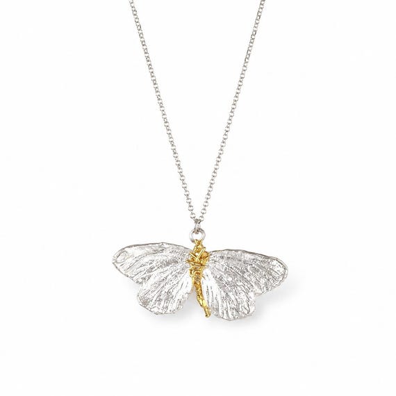本物の蝶のシルバーネックレス、ハンドメイドの自然ジュエリー