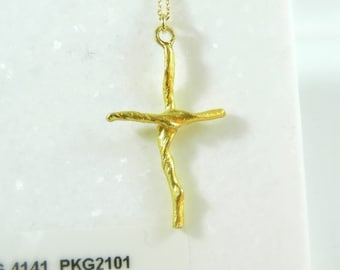 Large cross pendant necklace From real Olive tree Branch, 14k gold on sterling silver, Gold cross pendant