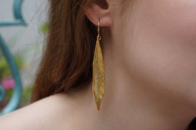 Eco friendly handmade jewelry. Real Olive leaf dangle earrings,14k gold on sterling recycled silver 925.Olive is a symbol of protection... image 4