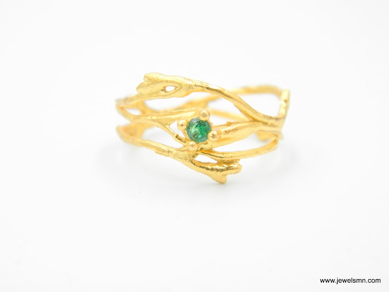 Jasmine plant Wide band branch Ring. Gold plated silver 925 Jasmine. Color zircon Twig ring. Small Diamond shape Lab creative Ethical ring image 1