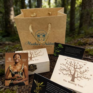 a brown paper bag with a tree design, a wooden box with a tree design, and a card with a tree design. The bag and box are placed on a forest floor, and the card is in front of the bag.
