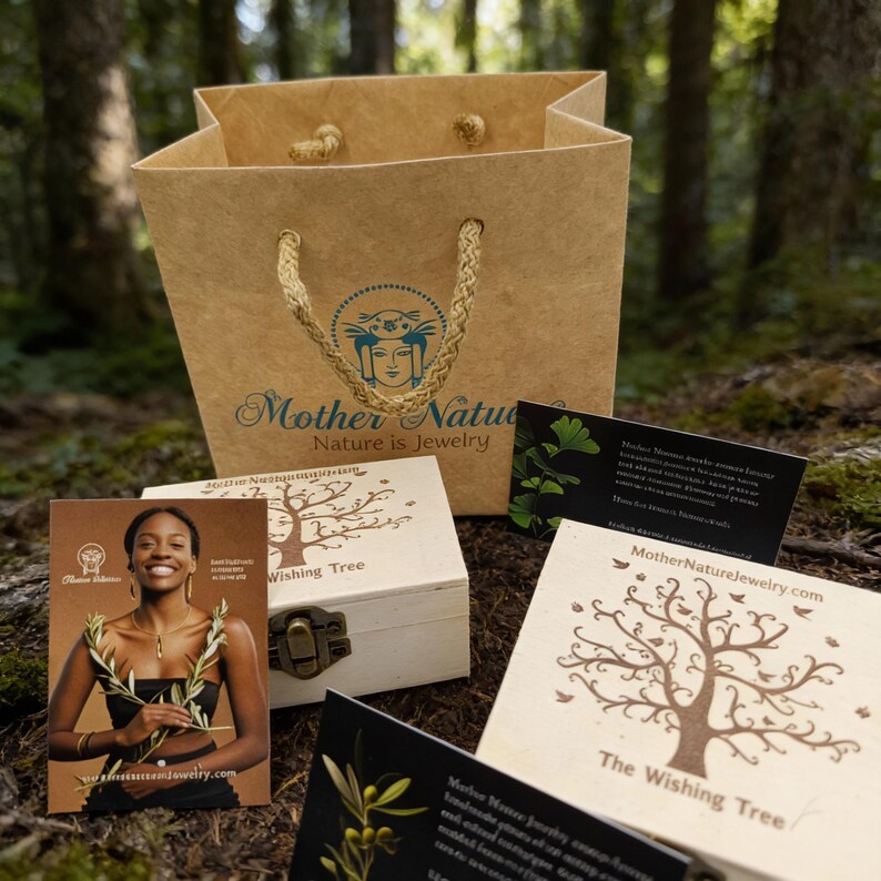 a brown paper bag with a tree design, a wooden box with a tree design, and a card with a tree design. The bag and box are placed on a forest floor, and the card is in front of the bag.