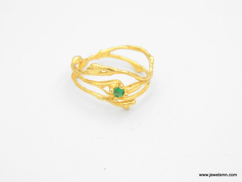 Jasmine plant Wide band branch Ring. Gold plated silver 925 Jasmine. Color zircon Twig ring. Small Diamond shape Lab creative Ethical ring image 4