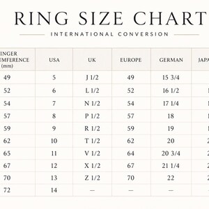 May include: A ring size chart with international conversions. The chart includes finger circumference in millimeters, USA, UK, Europe, German, and Japanese ring sizes. The text "RING SIZE CHART" is at the top.