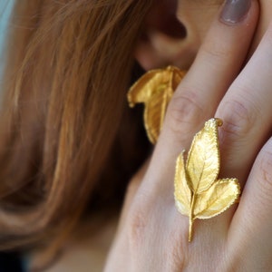 Nature ring 3 Real Big Rose Leaves, Gold Ring on sterling silver, forget me not ring for women by MOTHER NATURE JEWELSBy Mother Nature