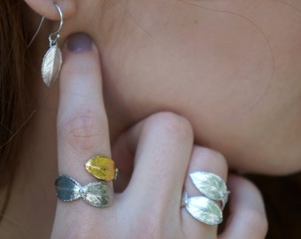 Minimalist Handmade Nature Jewelry. ring Adjustable Rose Leaf Silver Ring Gold plated or Silver and Gold.