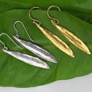 Minimalist Olive leaf jewelry Earrings in Sterling recycled Silver or Goldplated by Mother Nature Jewelry.
