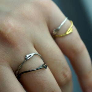 Minimalist tiny Twig Ring in Sterling recycled Silver 925. Two tone Jasmine small branches Ring by Mother Nature Jewelry