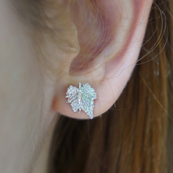 Tiny Stud Vine Leaf Earrings in sterling silver 925. Vine is the symbol of life, strength, survival, progress, promise, friendship