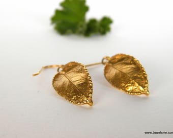 Solid Gold Dangle & Drop Leaf Earrings for Women, Real Rose leaf Earrings on Gold 9K-14K-18K, Lightweight nature Gold plant Jewelry Gift