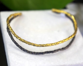 Two tone branch Cuff Bracelet for Women. 14K Gold plated and Black Rhodium on sterling Silver. Pine twig represent wisdom and longevity