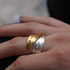 Nature inspired ring Adjustable Two tone Gold and silver Olive tree Leaves ring in sterling silver by Mother Nature Jewelry.