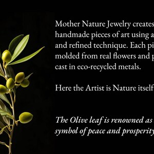 a close-up of a branch with green leaves and small green fruits, accompanied by a text description of Mother Nature Jewelry's luxury handcrafted pieces made from real flowers and plants, cast in eco-recycled metals.