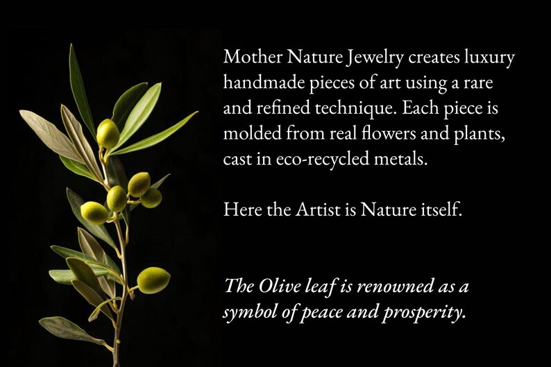 a close-up of a branch with green leaves and small green fruits, accompanied by a text description of Mother Nature Jewelry's luxury handcrafted pieces made from real flowers and plants, cast in eco-recycled metals.