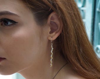Orecchini pendenti lunghi con rametto d'ulivo in argento, gioielli naturali fatti a mano, regalo per salute e successo, oro e argento sterling 925