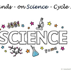 Puede incluir: Una ilustración colorida de la palabra "CIENCIA" con varios iconos relacionados con la ciencia, incluyendo un microscopio, una cadena de ADN, un vaso de precipitados, una molécula química y la fórmula "F=ma". El título "Hands-on Science - Cycle 3" está en la parte superior de la imagen.