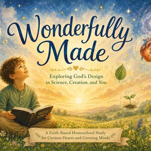 Puede incluir: Portada de libro ilustrada con el título "Wonderfully Made" y el subtítulo "Exploring God's Design in Science, Creation, and You". Un niño sentado en un campo sostiene una Biblia y mira hacia arriba. La imagen incluye ilustraciones de un esqueleto, un corazón y una galaxia.