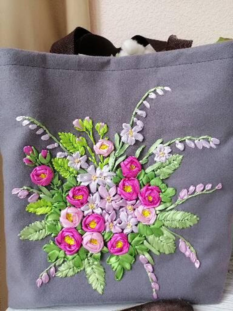 Ribbon embroidery set shopper bag handbag make up bag pouch boho hippie floral grayvfabric bag with lining ribbon embroidery red roses with