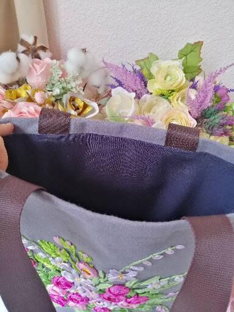 Ribbon embroidery set shopper bag handbag make up bag pouch boho hippie floral grayvfabric bag with lining ribbon embroidery red roses with