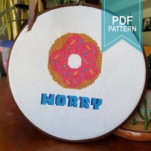 Donut Worry Beginner Cross Stitch Pattern, Pun, Funny Kitchen Art, Food Art, Food Pun, Cute Pun, Funny, PDF, Download, Easy Cross Stitch image 1