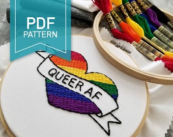 Pride Queer AF PDF Pattern, Embroidery, Learn to Embroider, Rainbow, LGBTQ, Trans, Bisexual, Gay, Lesbian, Fuck, Beginner Friendly