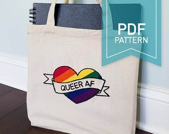 Queer AF Pride Tote Bag Embroidery PDF Pattern, Learn to Embroider, Rainbow, LGBTQ, Trans, Bisexual, Gay, Lesbian, Fuck, Beginner Friendly