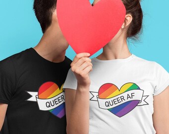 Queer AF Tee Shirt, Rainbow, Pride, LGBTQ, Trans, Bisexual, Gay, Lesbian, Pride Month, Heart, Rainbow Heart, LGBTQ Pride, Pansexual, Ally