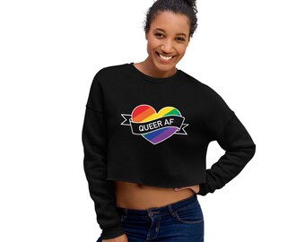 Queer AF Crop Sweatshirt, Rainbow, Pride, LGBTQ, Trans, Bisexual, Gay, Lesbian, As Fuck, Heart, Rainbow Heart, LGBTQ Pride, Pansexual, Ally
