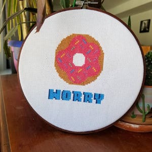 Donut Worry Beginner Cross Stitch Pattern, Pun, Funny Kitchen Art, Food Art, Food Pun, Cute Pun, Funny, PDF, Download, Easy Cross Stitch image 2