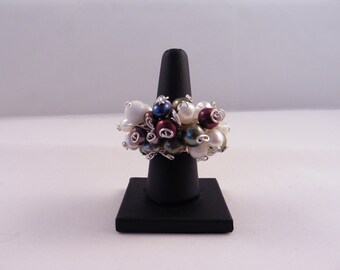 Jadite Cluster Ring Bubble Ring 925 Sterling Silver Plated Copper Wire Size Q Mixed Coloured Fresh Water Pearls